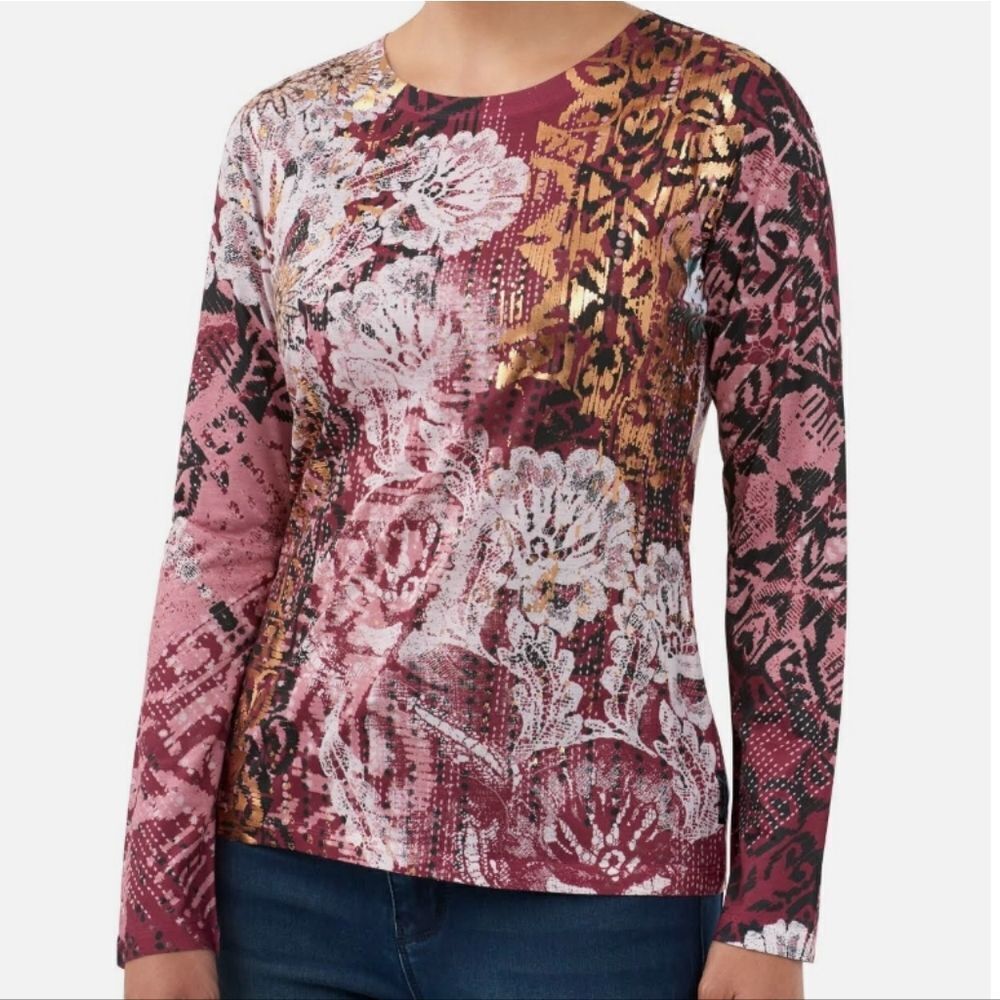 💜Anthropologie Seven7 Maroon & Gold Metallic Long Sleeve Top Large